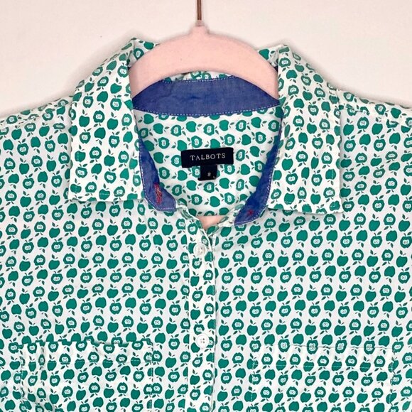 Talbots Sz 8 Green Apple Long Sleeve Button Shirt Novelty Fall Cottagecore Teach - Picture 2 of 12